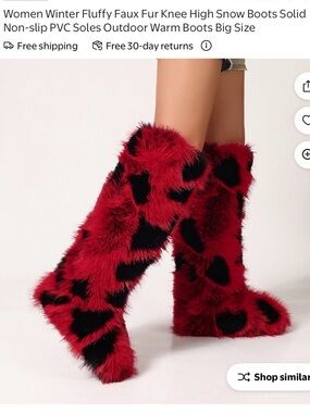 Red and Black Faux Fur Knee-High Boots